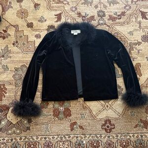 Vintage 90's Black Velvet Fur Trimmed Open Cardigan Patra Size S